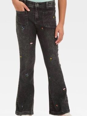 Cat & Jack™ Girls' High-Rise Embroidered Ditsy Floral Flare Black Jeans Sz 12